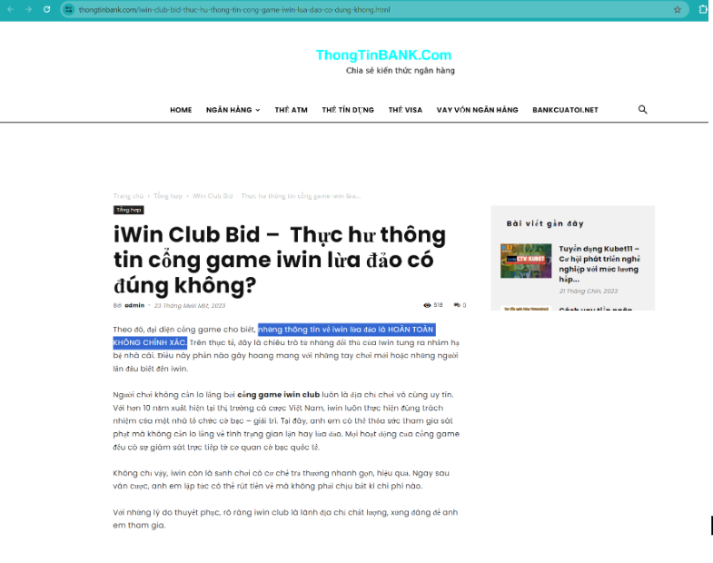 Trang thongtinbank khẳng định Iwin Club hoàn toàn không lừa đảo
